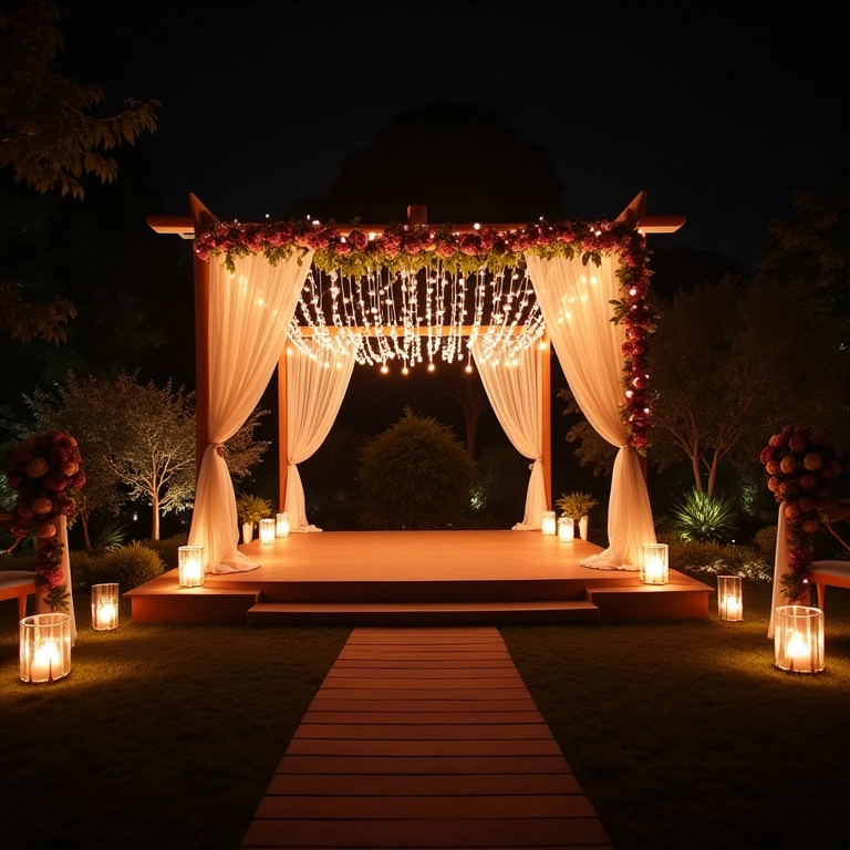 Palco de casamento noturno com iluminação de cordão e uplighting, criando uma atmosfera romântica.