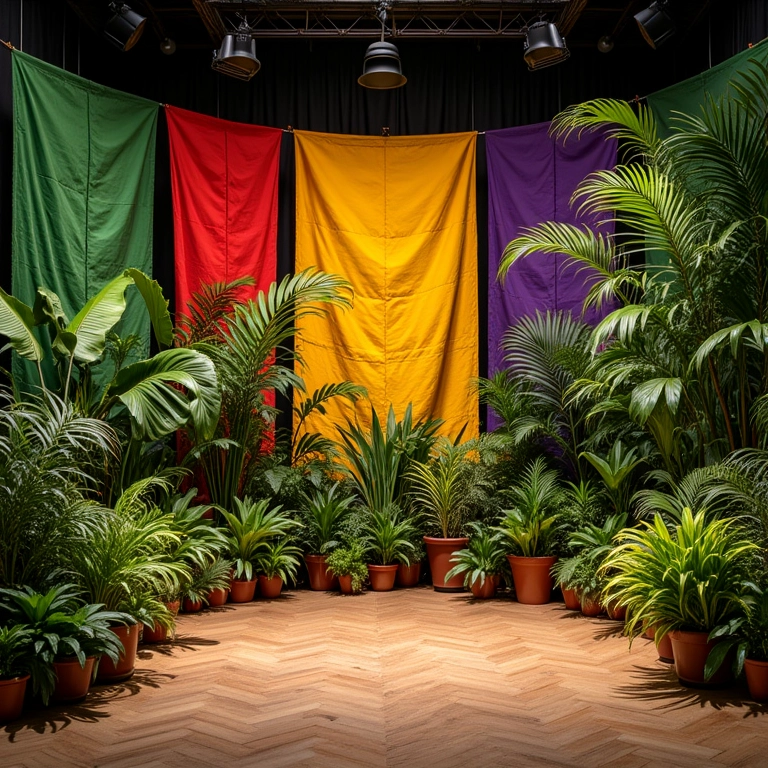 Palco decorado com tecidos e plantas brasileiras, estilo Farm Rio, vibrante e colorido.