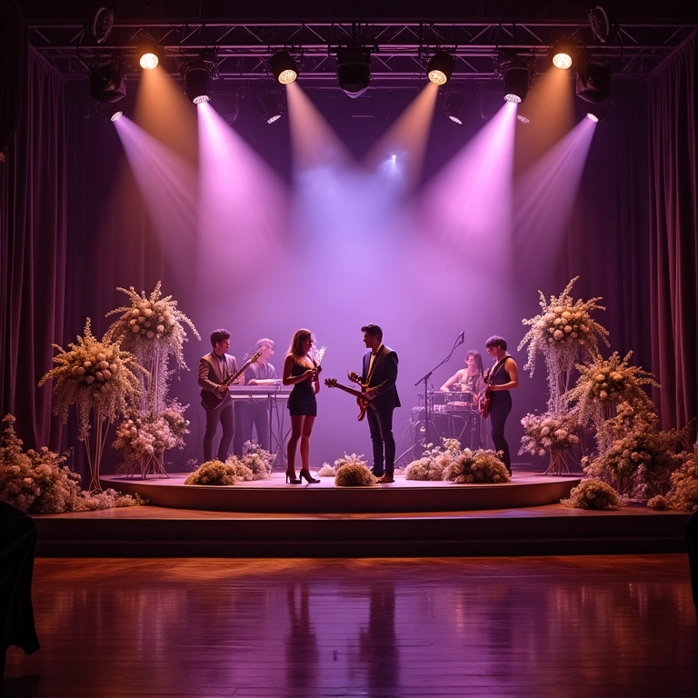 Palco elegante para banda de casamento, decorado com flores e iluminação suave.
