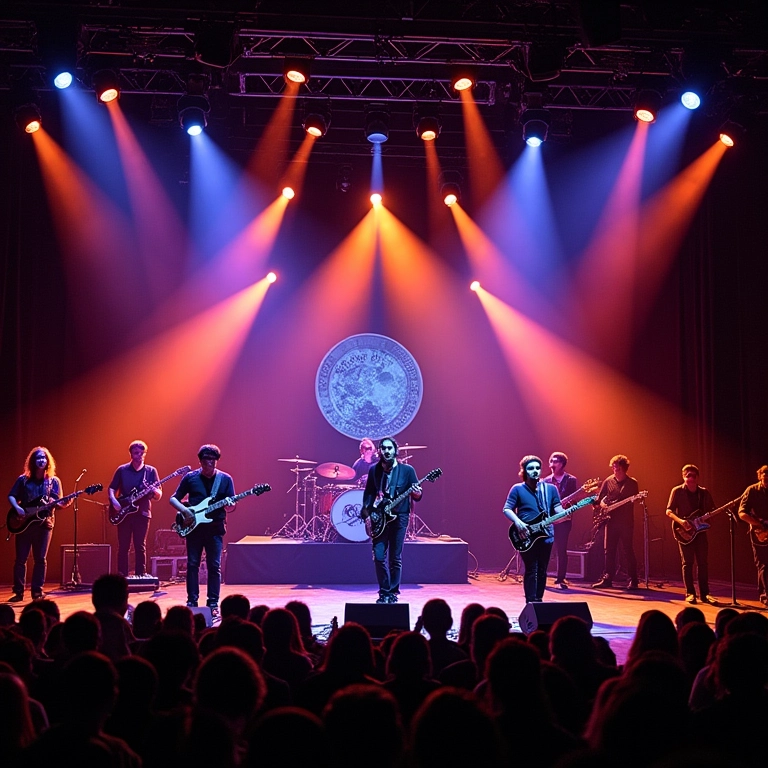 Palco vibrante para banda brasileira, com design moderno e elementos tradicionais.