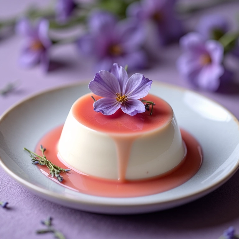 Panna cotta com calda de lavanda em prato de cerâmica.