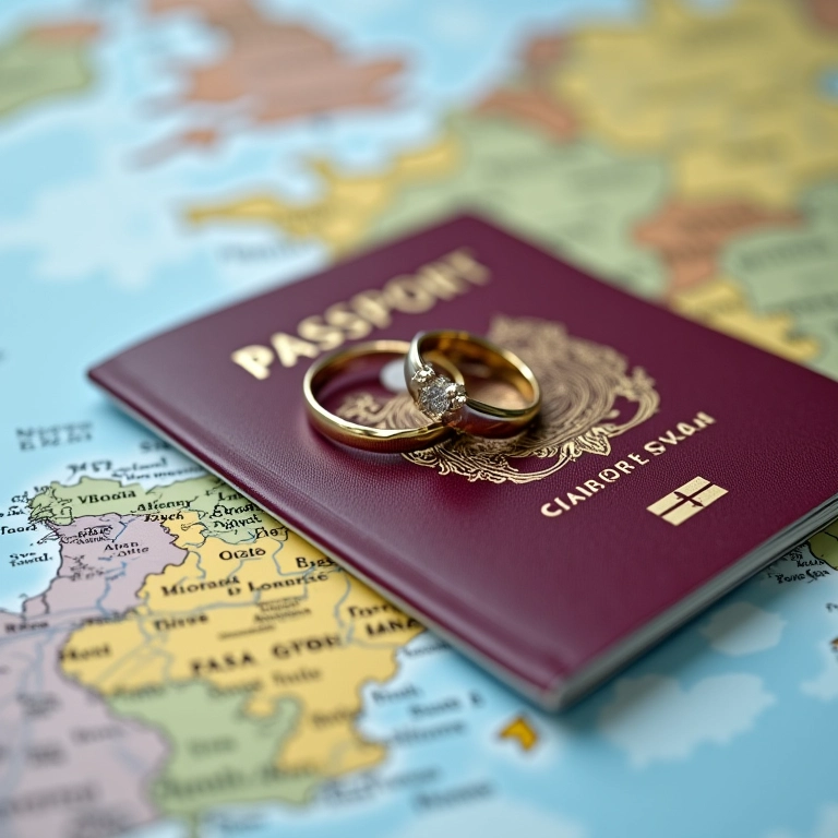 Passaporte e aliança sobre mapa da França, casamento estrangeiro.