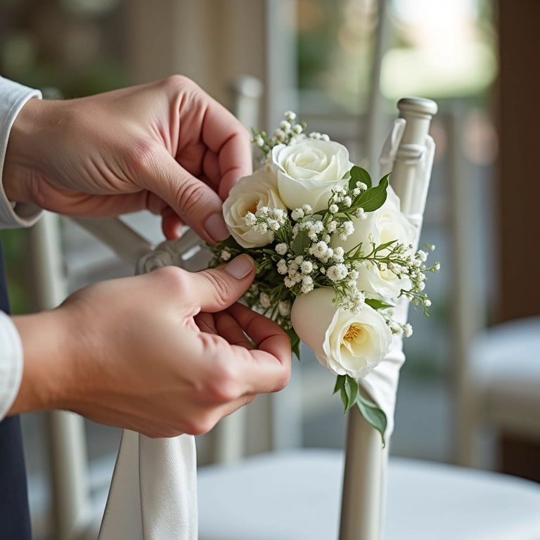 Passo a passo para decorar as cadeiras dos noivos: amarrando fitas e flores.