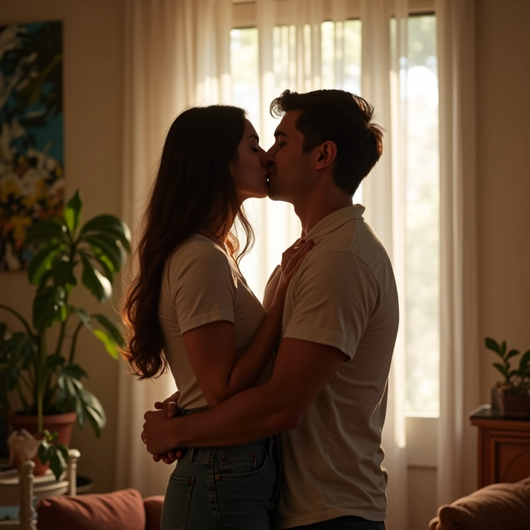 Pedido de casamento simples e delicado em casa, casal emocionado.