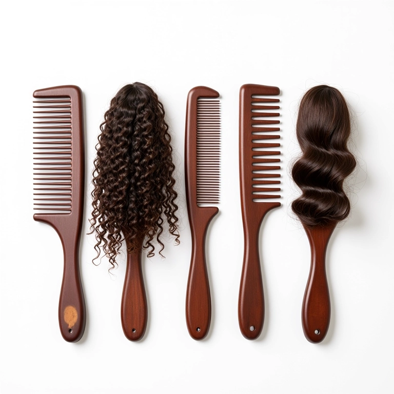 Pentes de cabelo exibidos com diferentes tipos de cabelo.
