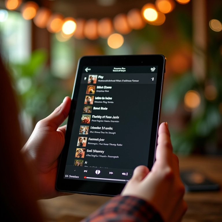 Pessoa criando playlist em tablet com músicas brasileiras.