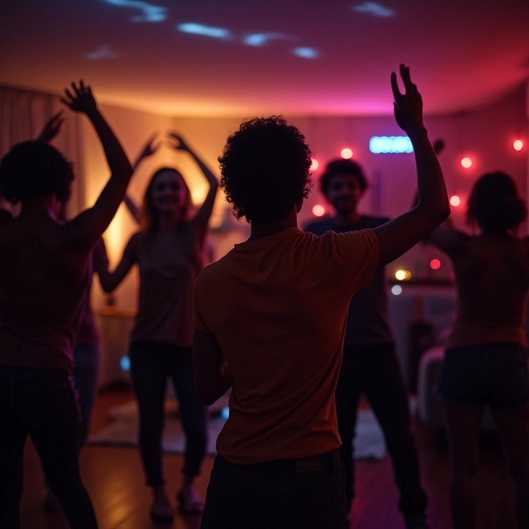 Pessoas dançando em after-party com decoração vibrante e DJ.