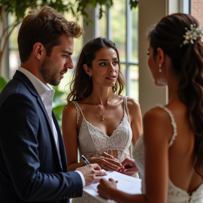 Planejadores de casamento discutindo opções de globos de espelhos.