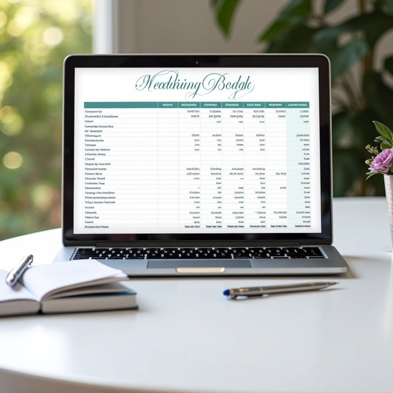 Planilha de orçamento de casamento em um laptop.