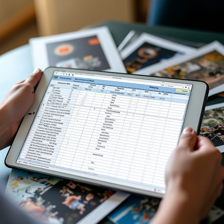 Planilha resumida com o conteúdo da caixa de memórias em um tablet.