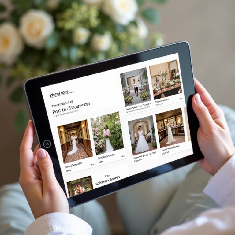 Portfólio de decoração de casamento em um tablet.