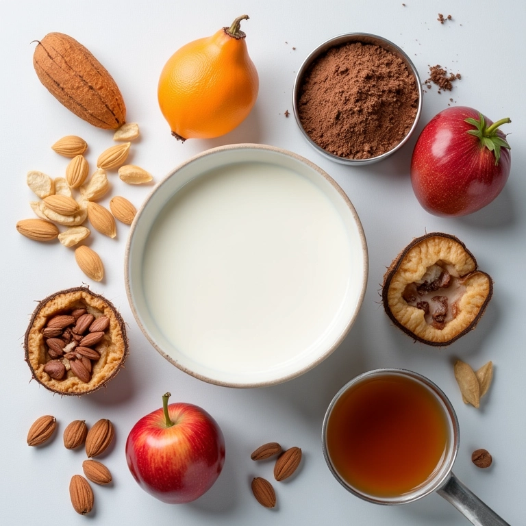 Principais ingredientes para substituir o leite em doces: leite de coco, leite de amêndoas, cacau em pó, frutas e nozes.