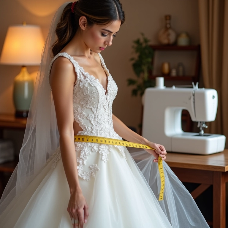 Processo de criação de vestido de noiva sob medida com costureira ajustando o vestido na noiva.