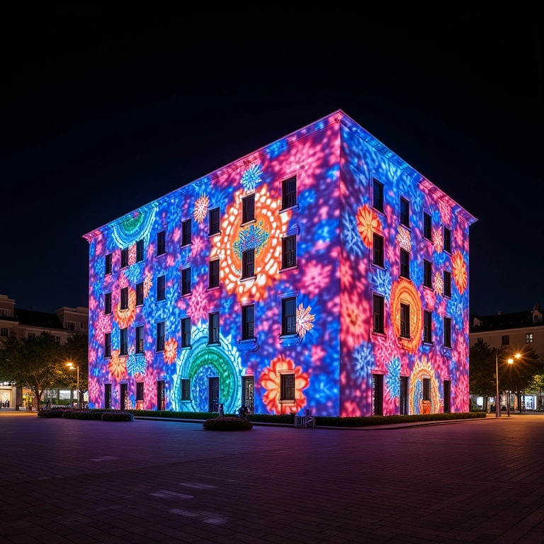Projeção mapeada em prédio durante festival com cores vibrantes.