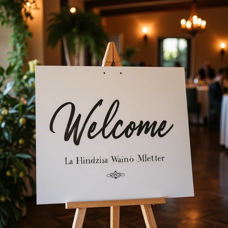 Quadro clássico de boas-vindas com caligrafia elegante.