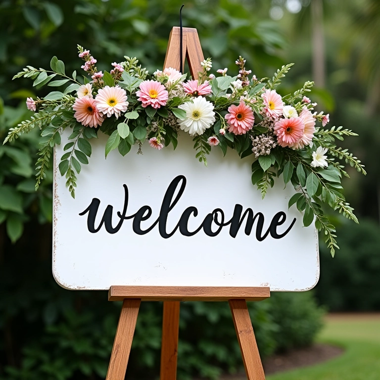 Quadro floral de boas-vindas com flores naturais.