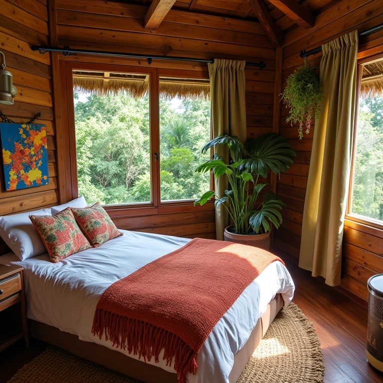 Quarto aconchegante de pousada em Florianópolis com elementos de design brasileiro.