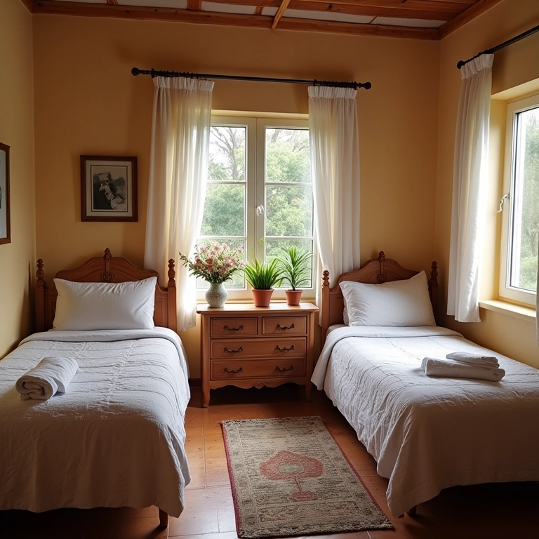 Quartos aconchegantes em pousada preparados para os convidados do casamento.