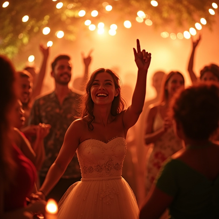 Recepção de casamento alegre com decoração vibrante e convidados diversos.