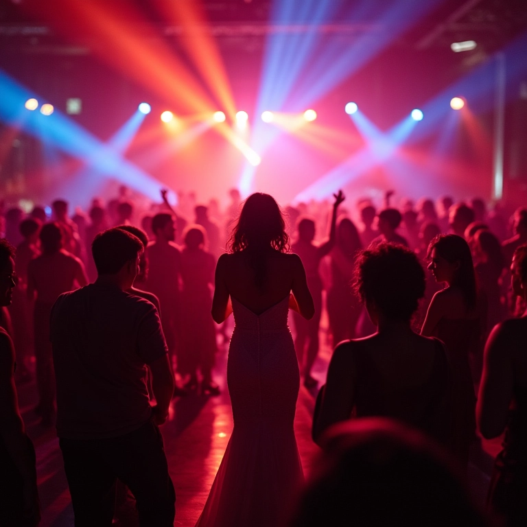 Recepção de casamento animada com luzes vibrantes e pista de dança lotada.
