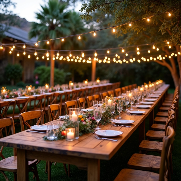 Recepção de casamento ao ar livre com móveis de aluguel.