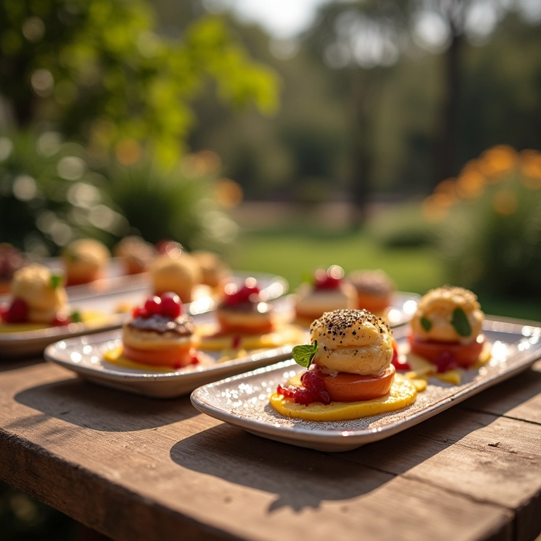 Recepção de casamento ao ar livre com sobremesas empratadas.
