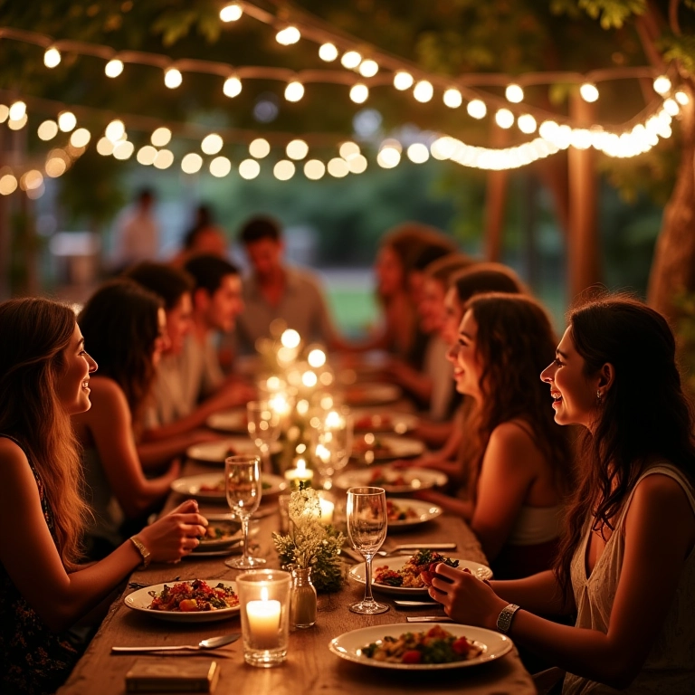 Recepção de casamento boho com luzes e mesas de madeira.