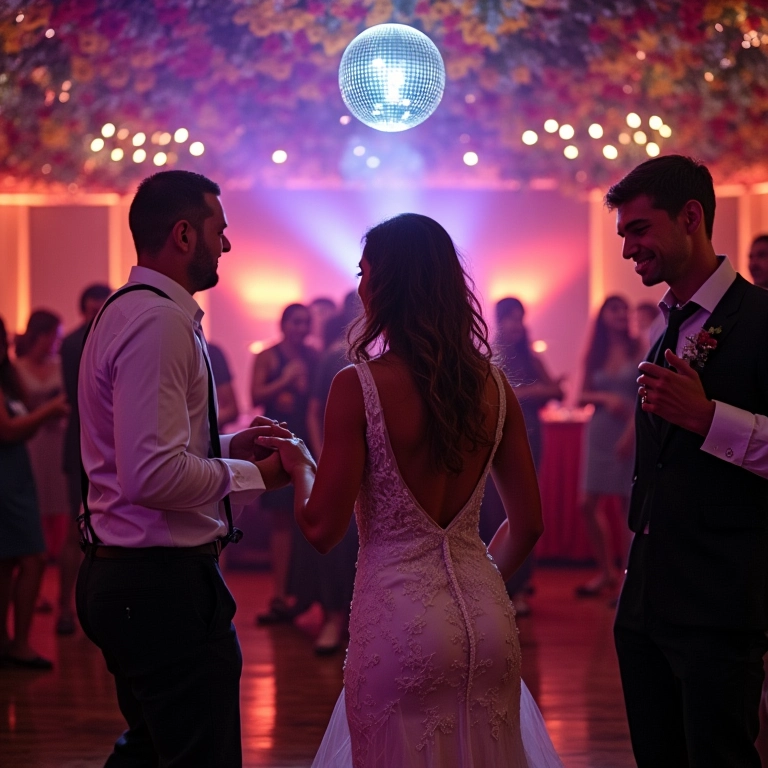 Recepção de casamento brasileira com globo de espelhos iluminando a pista.