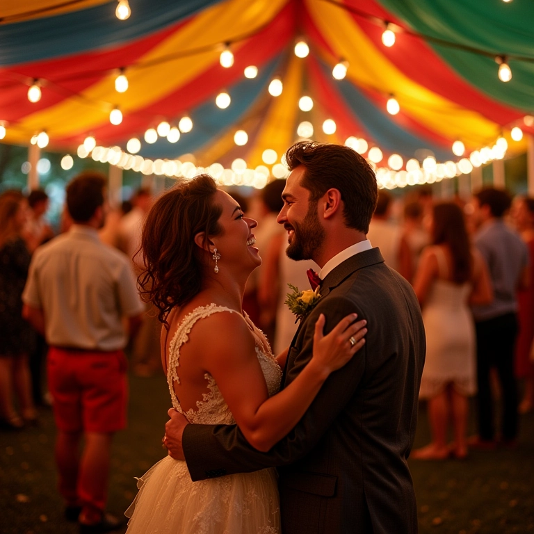 Recepção de casamento brasileira vibrante e alegre.