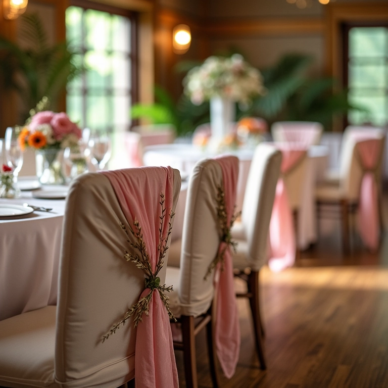 Recepção de casamento com cadeiras decoradas com capas criativas.