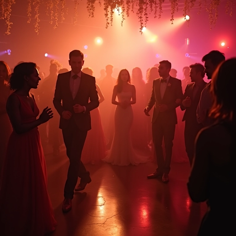 Recepção de casamento com convidados dançando e DJ tocando.