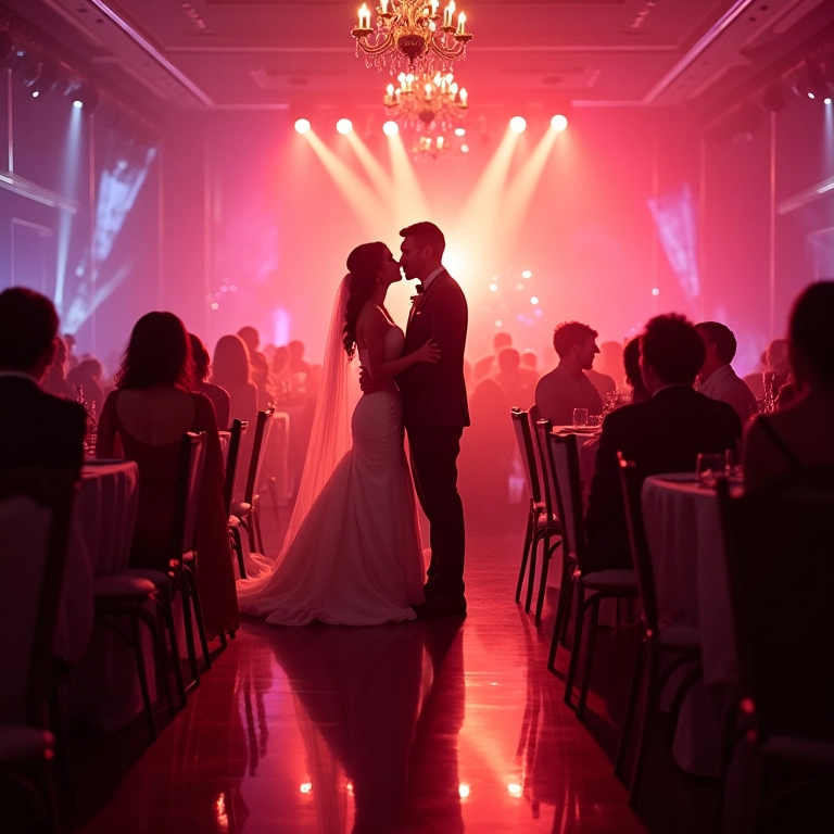 Recepção de casamento com iluminação vibrante e elegante.