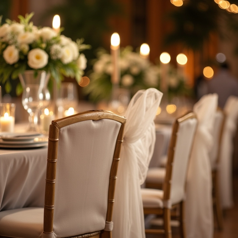 Recepção de casamento elegante com cadeiras e capas brancas.