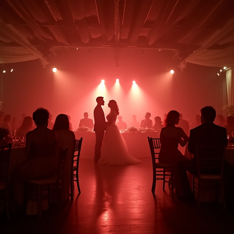 Recepção de casamento elegante com moving heads criando uma atmosfera romântica.