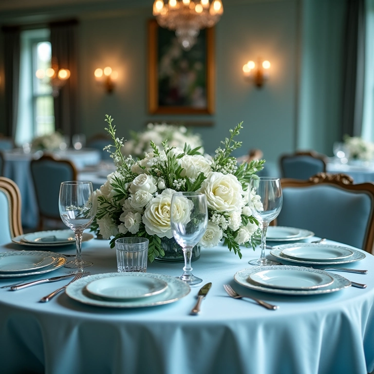 Recepção de casamento elegante com paleta de cores frias.