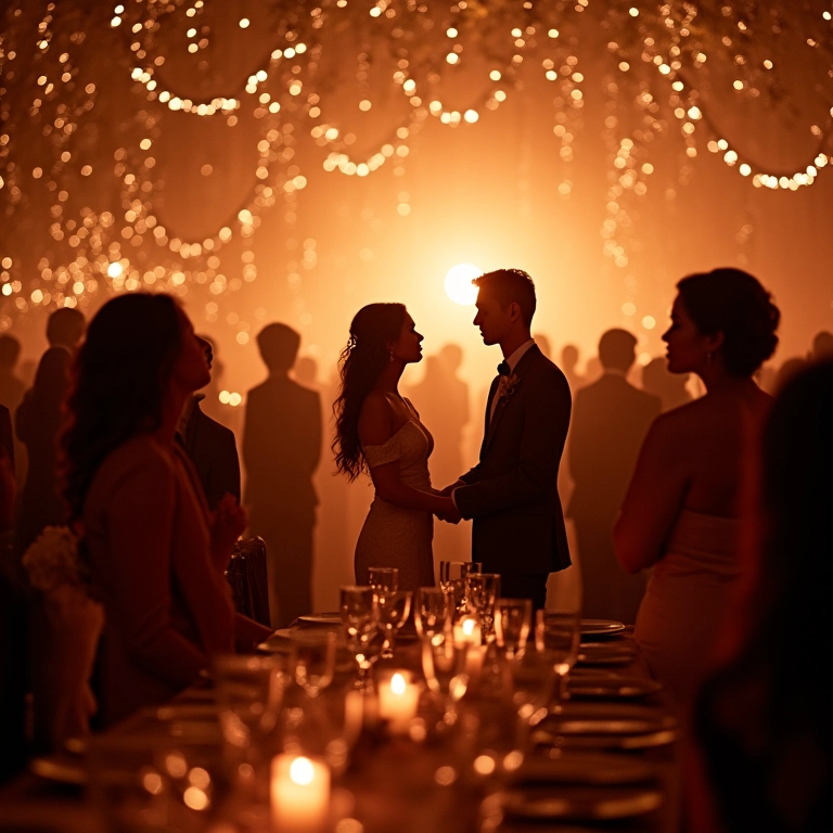 Recepção de casamento elegante com transição do dia para a noite e iluminação do pôr do sol.