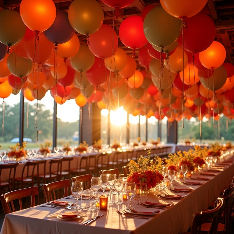 Recepção de casamento elegante com vibrante decoração de balões.