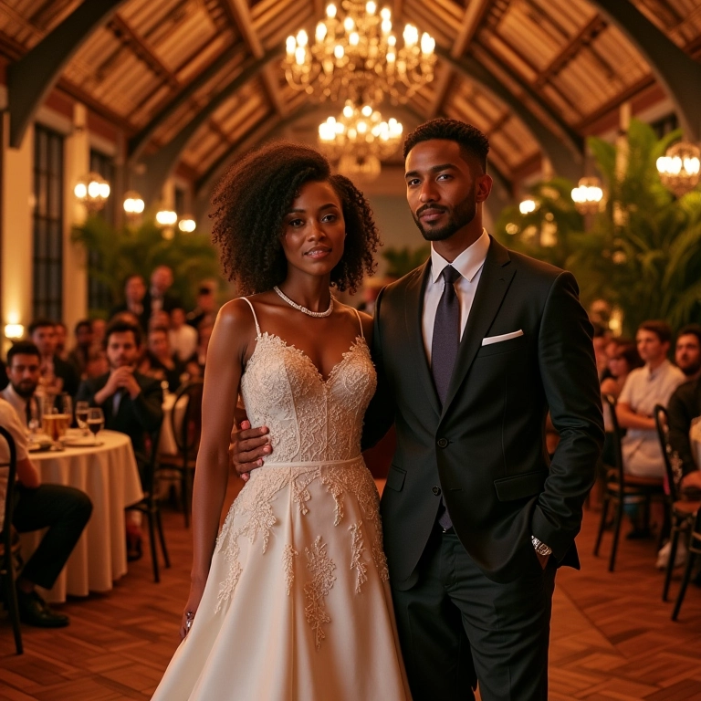 Recepção de casamento inspirada em séries de TV com decoração brasileira.