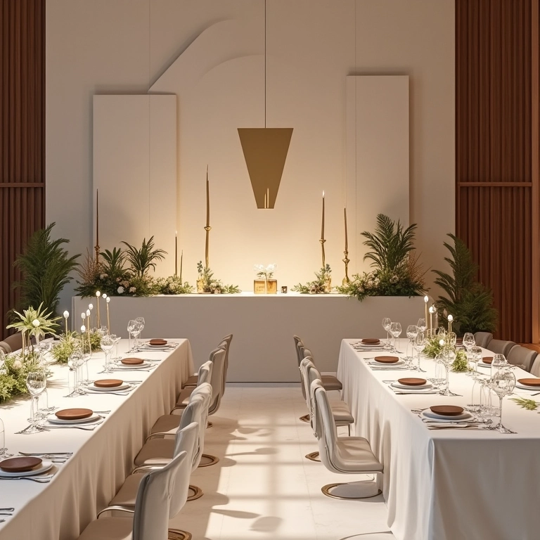 Recepção de casamento moderno com decoração minimalista.