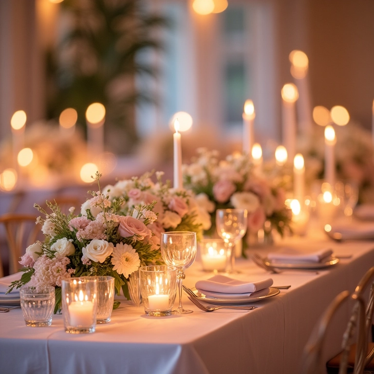 Recepção de casamento romântico com cores pastel e velas.
