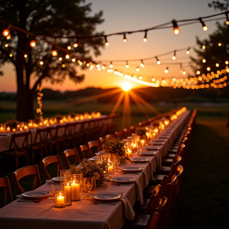 Recepção de casamento rústico ao pôr do sol em fazenda charmosa.