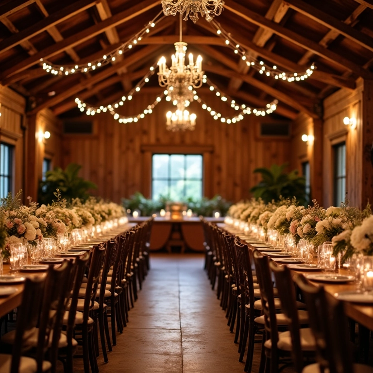 Recepção de casamento rústico com mesas de madeira e decoração floral.
