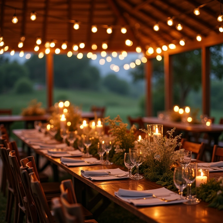 Recepção de casamento rústico em uma fazenda brasileira.