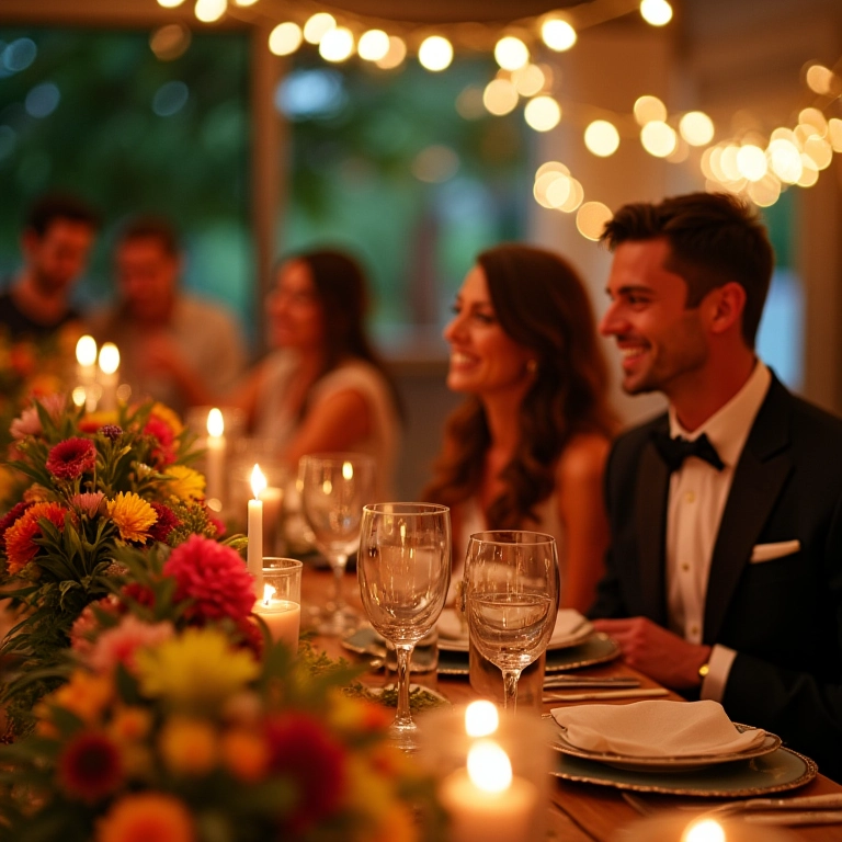 Recepção de casamento tropical com decoração vibrante e noivos felizes.