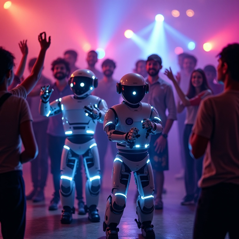 Robôs de LED dançando em uma festa com efeitos de iluminação coloridos.