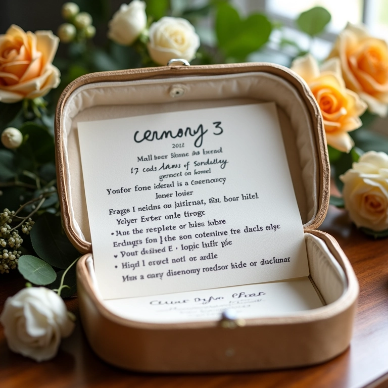 Roteiro da cerimônia da caixa de memórias em cima da caixa aberta.