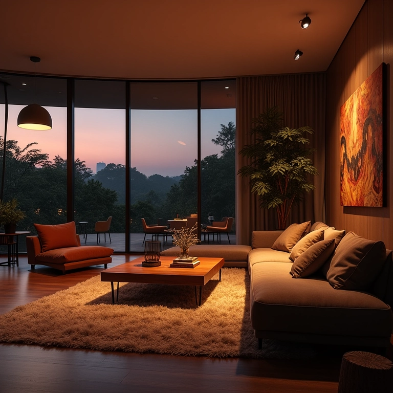 Sala de estar brasileira moderna com iluminação ambiente e funcional.