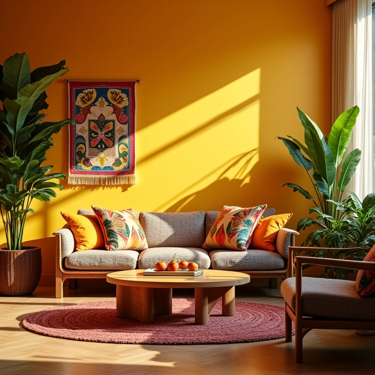 Sala de estar com iluminação suave e decoração brasileira vibrante.