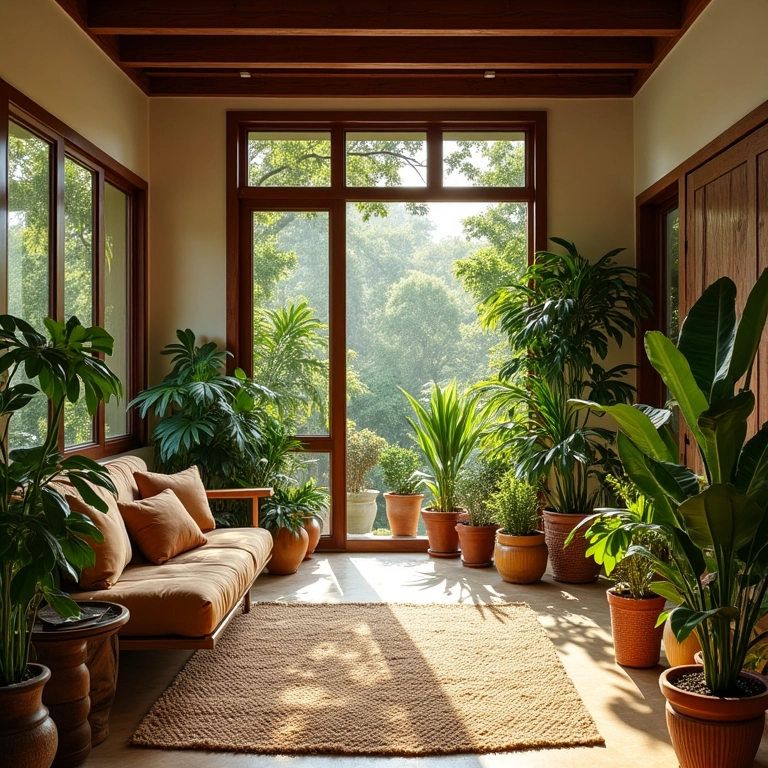 Sala de estar decorada com elementos naturais como plantas e madeira, em estilo brasileiro aconchegante.
