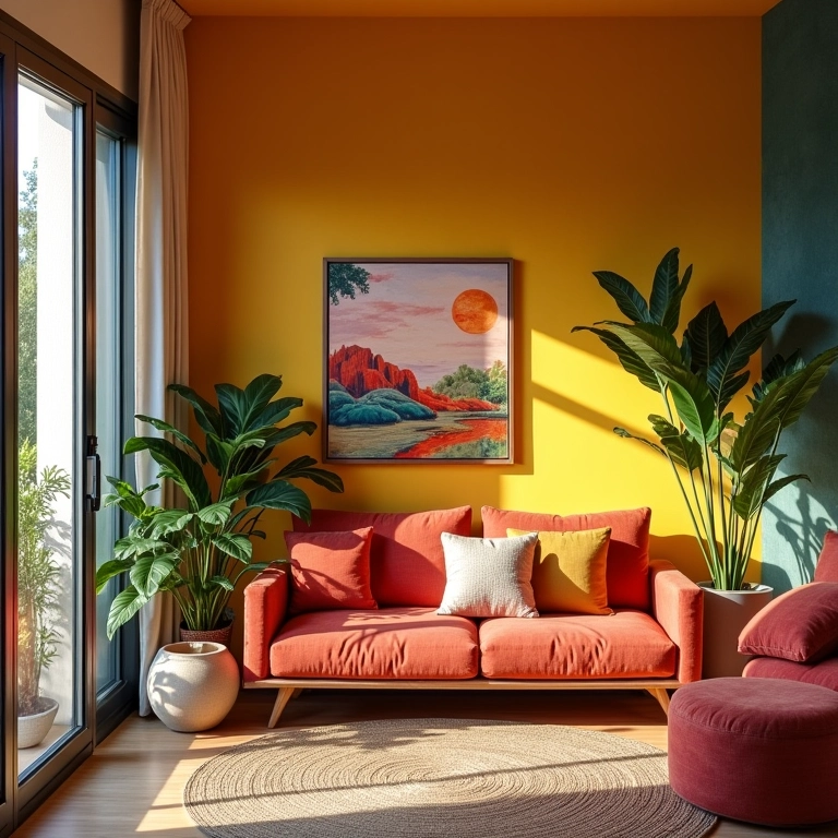 Sala de estar decorada com estilo brasileiro, cores vibrantes e iluminação natural.